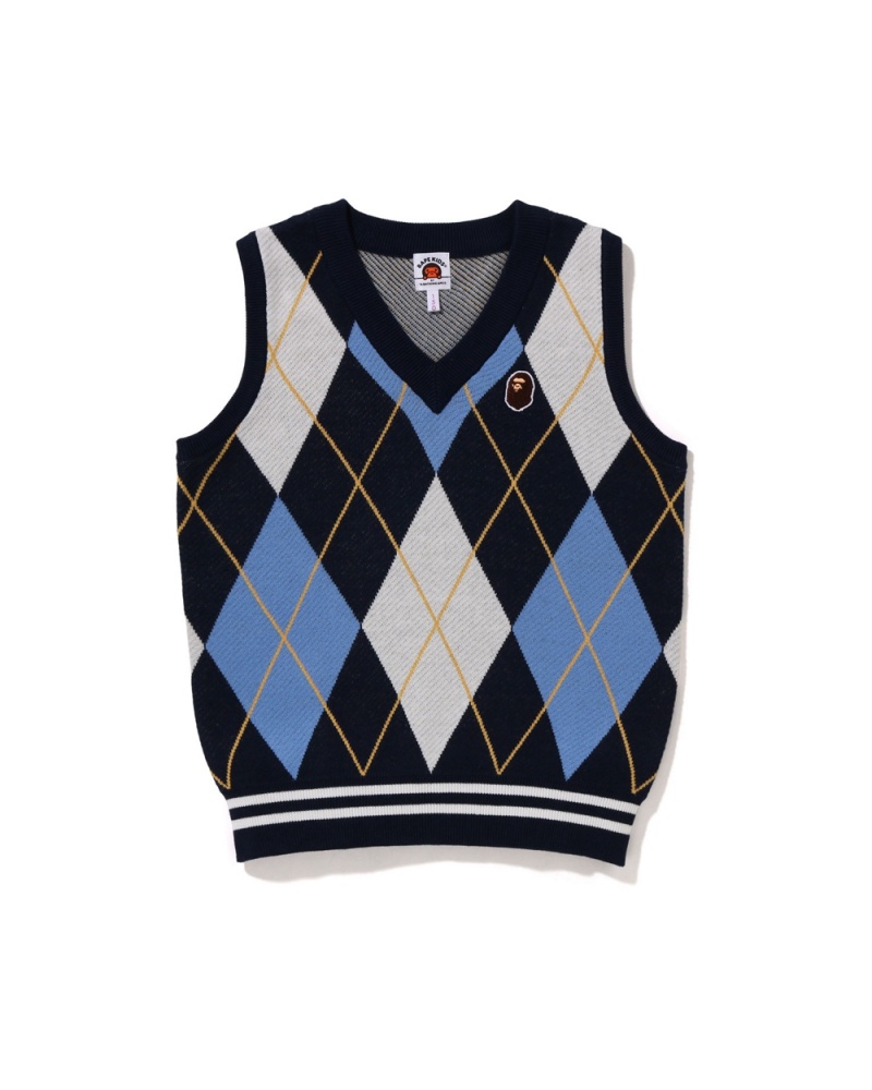 Vêtements D'extérieur Bape Ape Head Patch Argyle Vest JR Bleu Enfant | CZQ-11895301